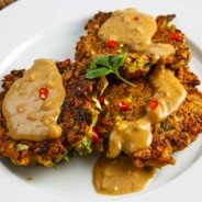 Savory Garlic Ginger Chickpea Fritters with Thai Peanut Sauce